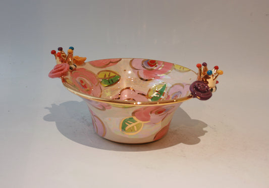 Small Crown Edged Serving Bowl in Pale Roses on Pink - MaryRoseYoung