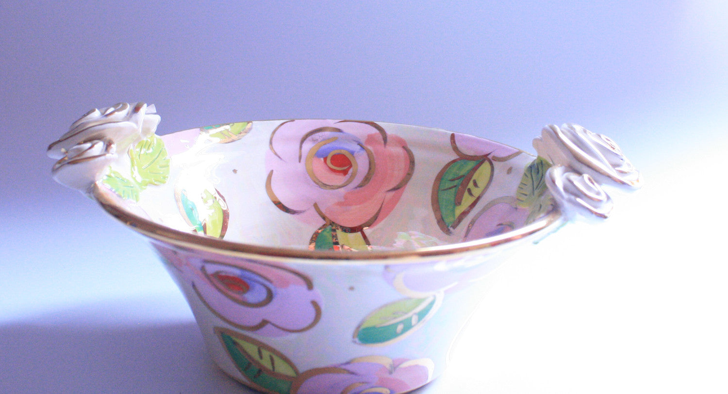 Small Rose Edged Serving Bowl Pale Roses Pink - MaryRoseYoung