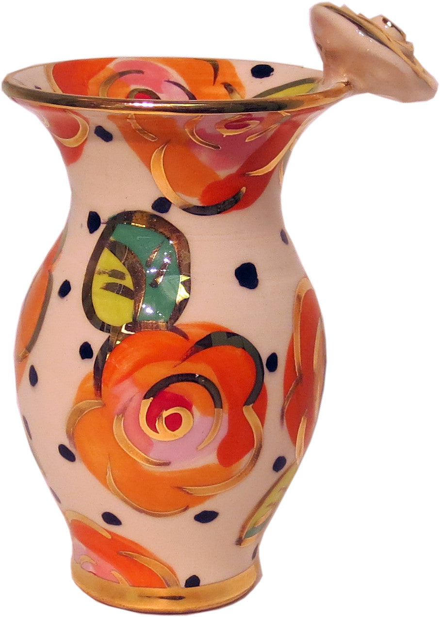 Tiny Rose Edged Vase Tangerine Roses on Dots - MaryRoseYoung