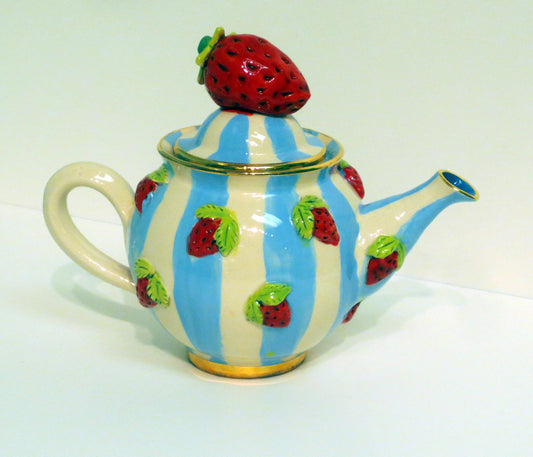 Tiny Strawberry Teapot Blue & Lemon - MaryRoseYoung