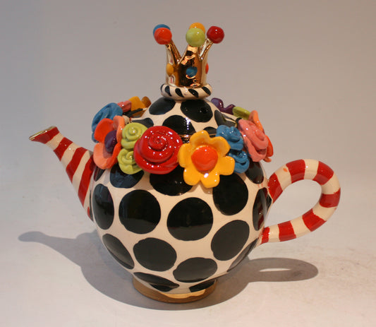 Crown Lidded Multiflower Encrusted Teapot "Cat in the Hat"