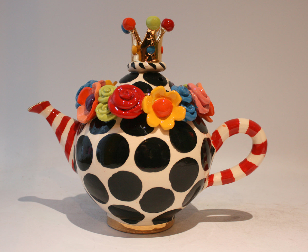 Crown Lidded Multiflower Encrusted Teapot "Cat in the Hat"