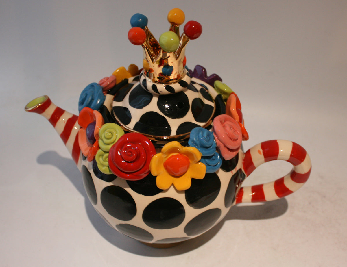 Crown Lidded Multiflower Encrusted Teapot "Cat in the Hat"