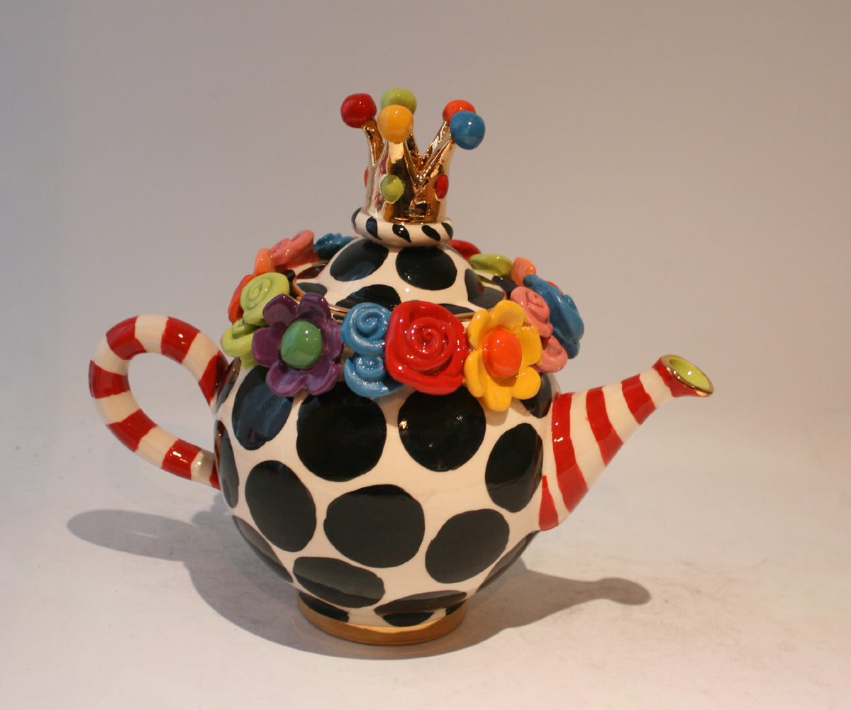 Crown Lidded Multiflower Encrusted Teapot "Cat in the Hat"