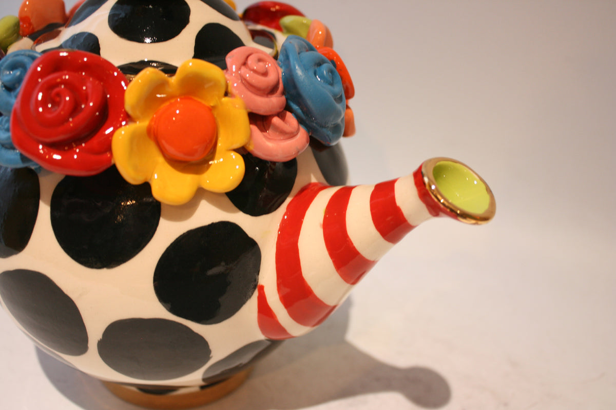 Crown Lidded Multiflower Encrusted Teapot "Cat in the Hat"