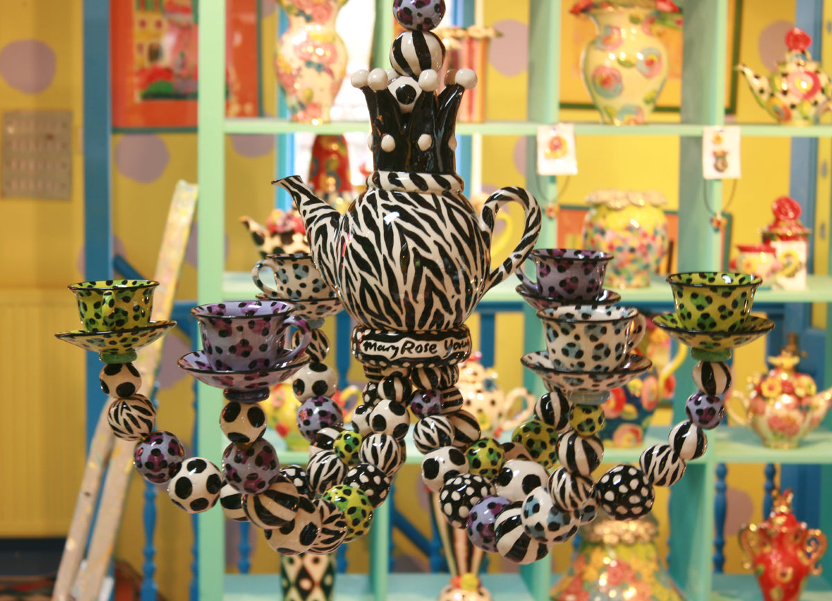 Six Armed Tea Set Chandelier in Leopard and Zebra - MaryRoseYoung