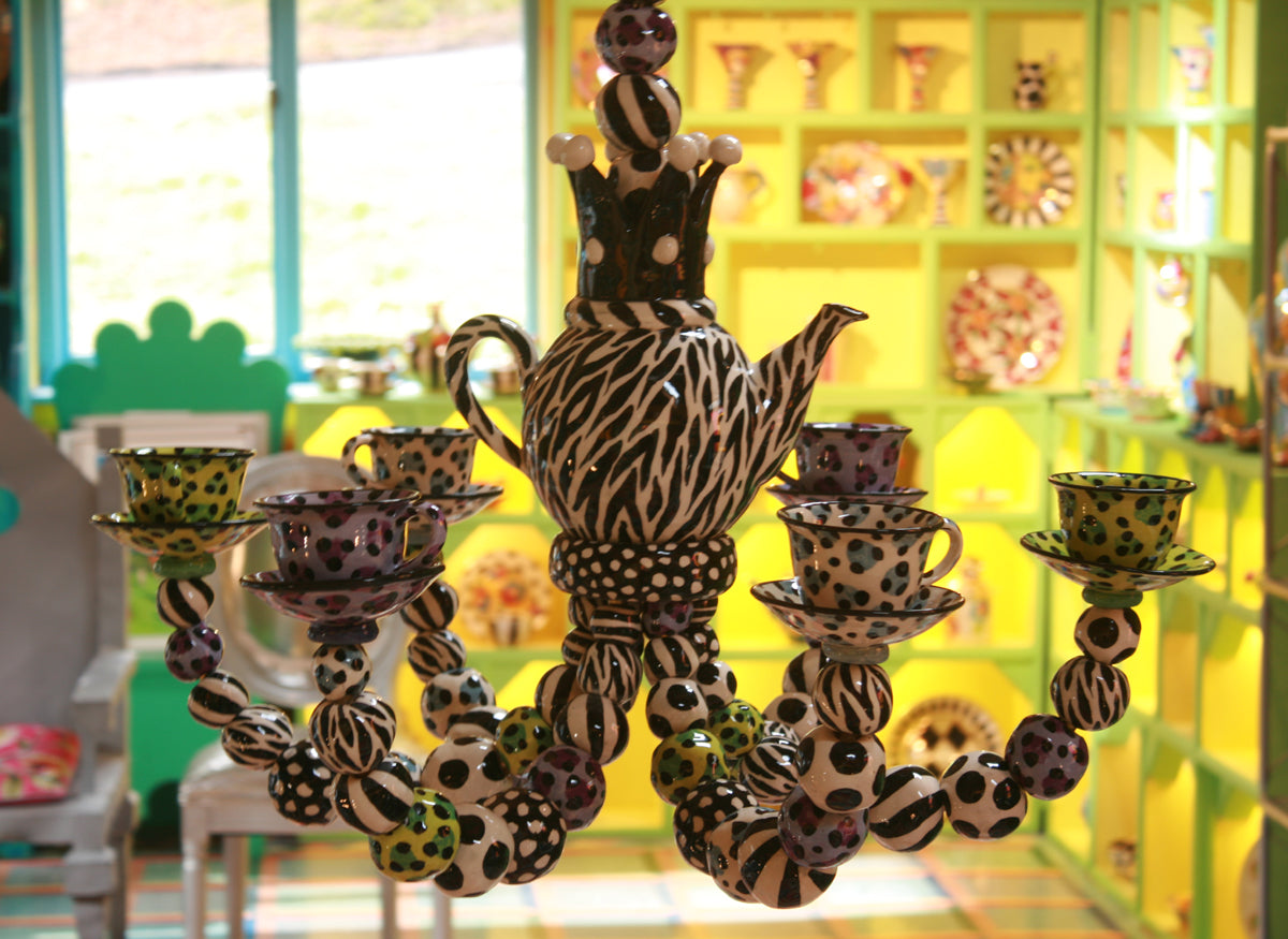 Six Armed Tea Set Chandelier in Leopard and Zebra - MaryRoseYoung