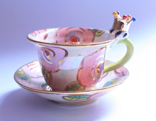Crown Handled Cup and Saucer Pale Roses Pink - MaryRoseYoung