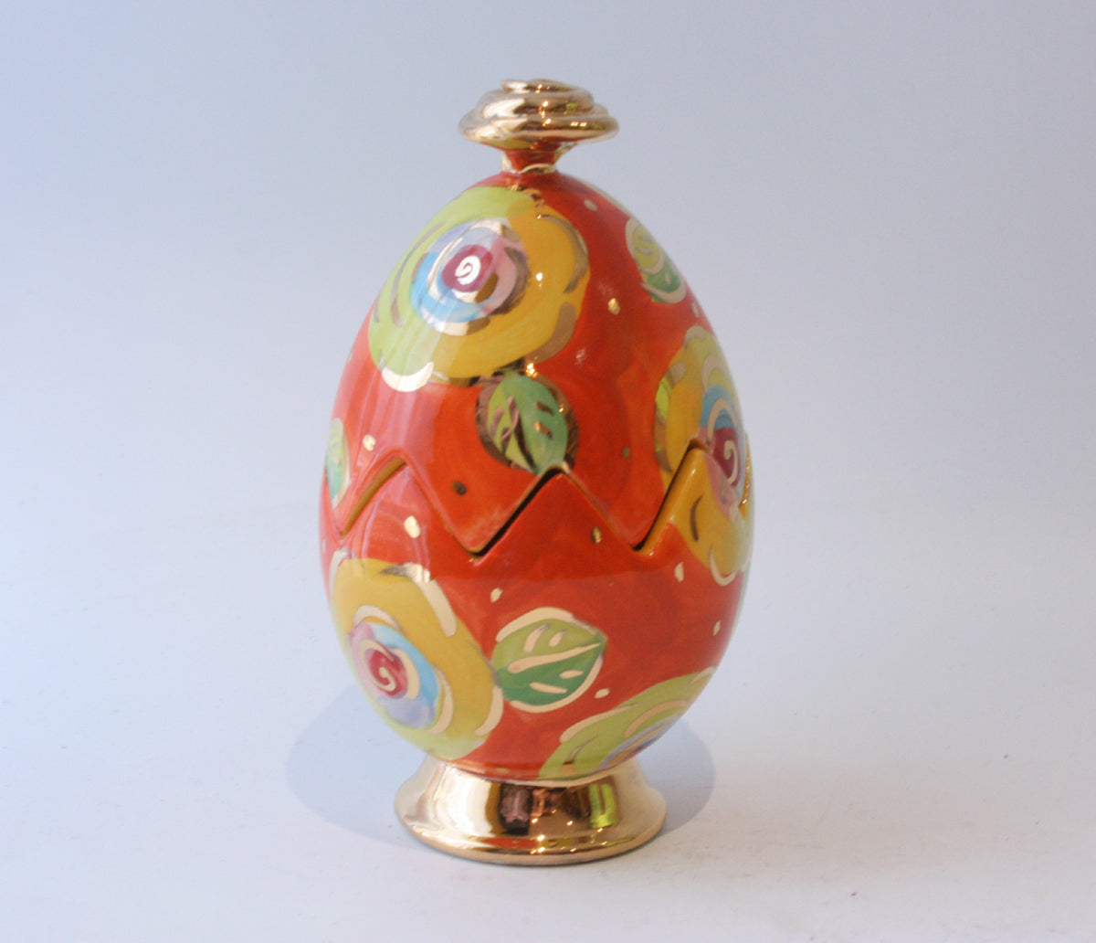 Rose Lidded Easter Egg on Plinth Gold New Rose Orange - MaryRoseYoung