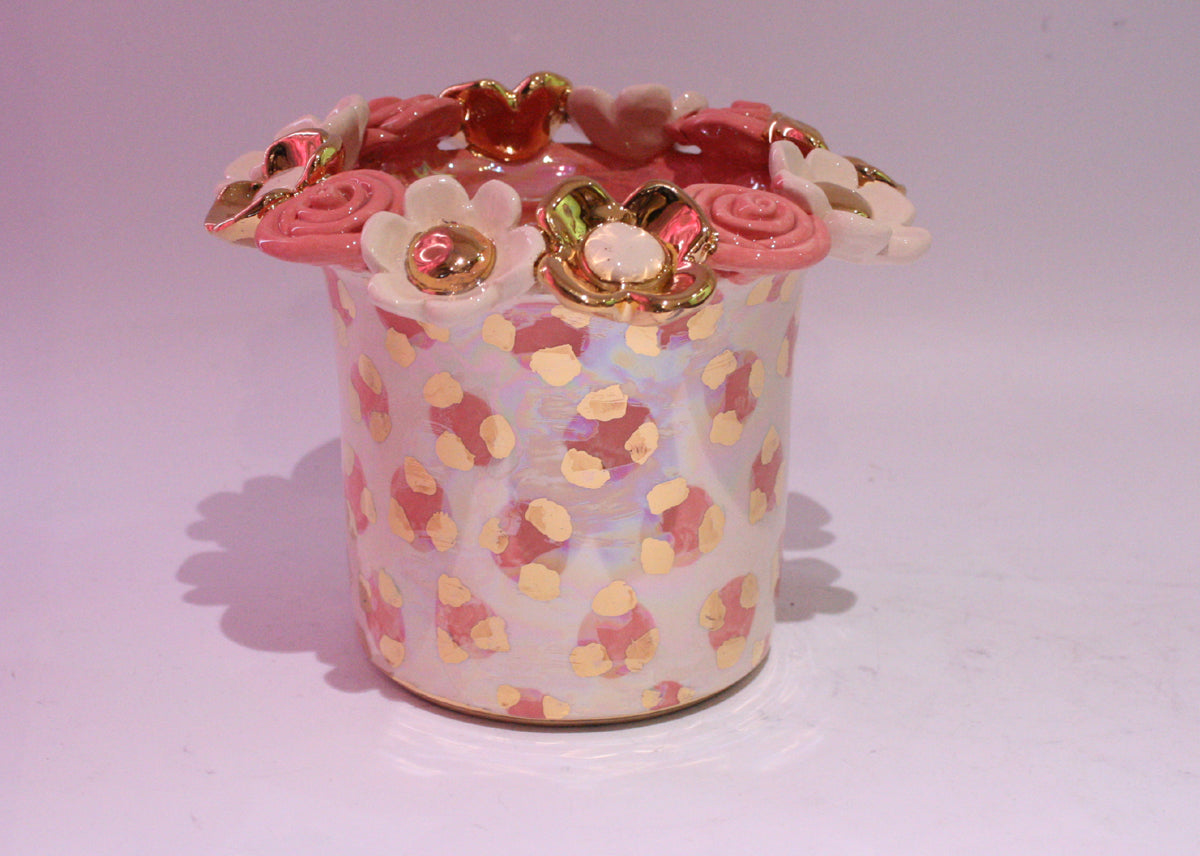 Multiflower Encrusted Candlejar Pink and Gold Leopard - MaryRoseYoung