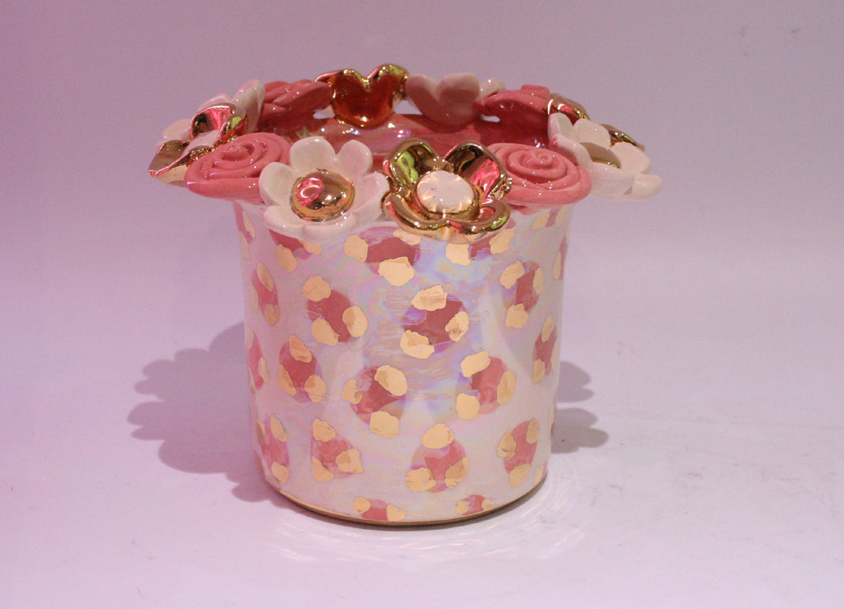 Multiflower Encrusted Candlejar Pink and Gold Leopard - MaryRoseYoung