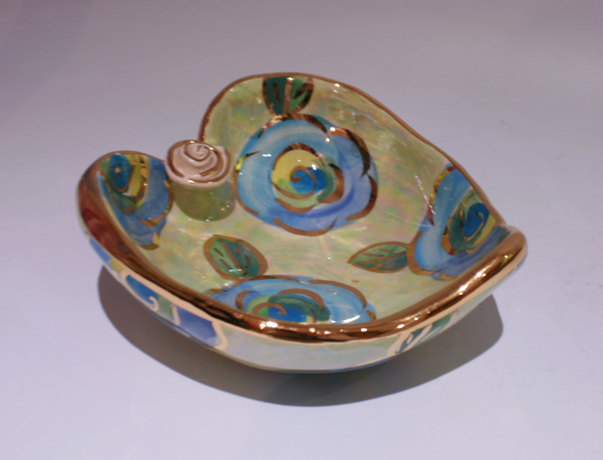 Heart Shaped Bowl Blue Roses on Mint - MaryRoseYoung