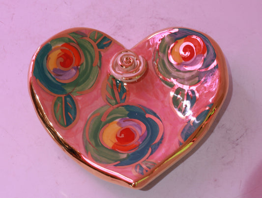 Heart Shaped Soap Dish Green Roses on Pink - MaryRoseYoung