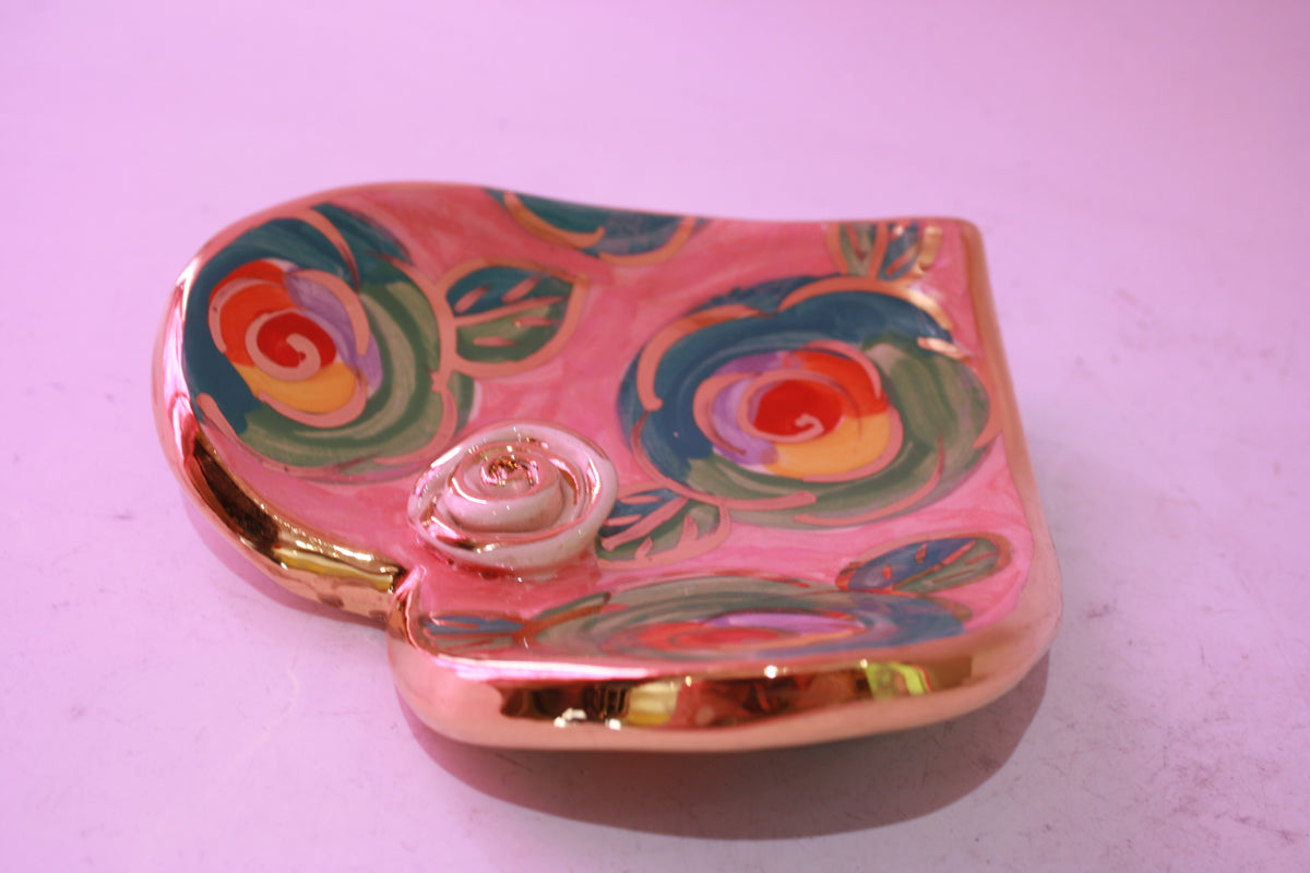 Heart Shaped Soap Dish Green Roses on Pink - MaryRoseYoung