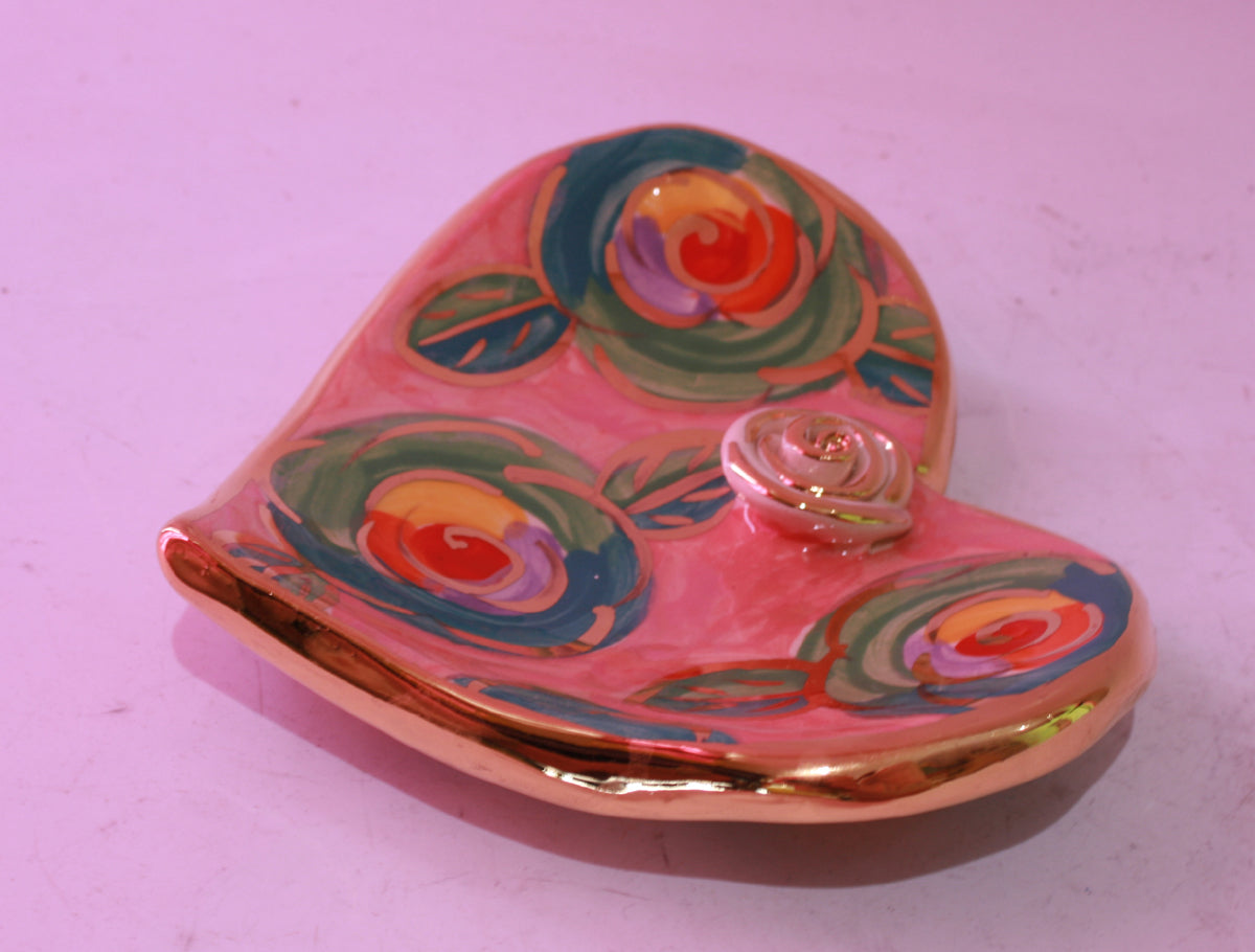 Heart Shaped Soap Dish Green Roses on Pink - MaryRoseYoung