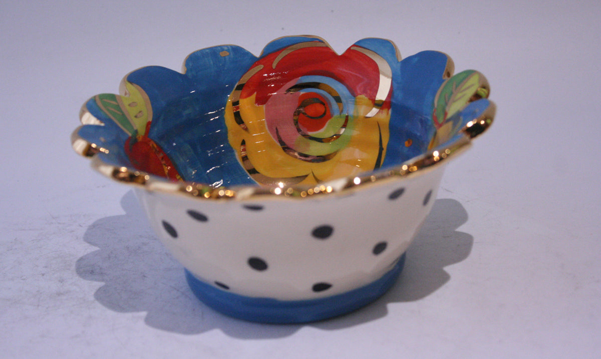 Ice Cream Bowl Gold New Rose Blue with Polka Dots - MaryRoseYoung