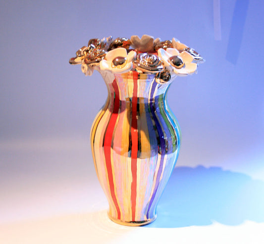 Large Multiflower Encrusted Vase Lustred Stripe - MaryRoseYoung