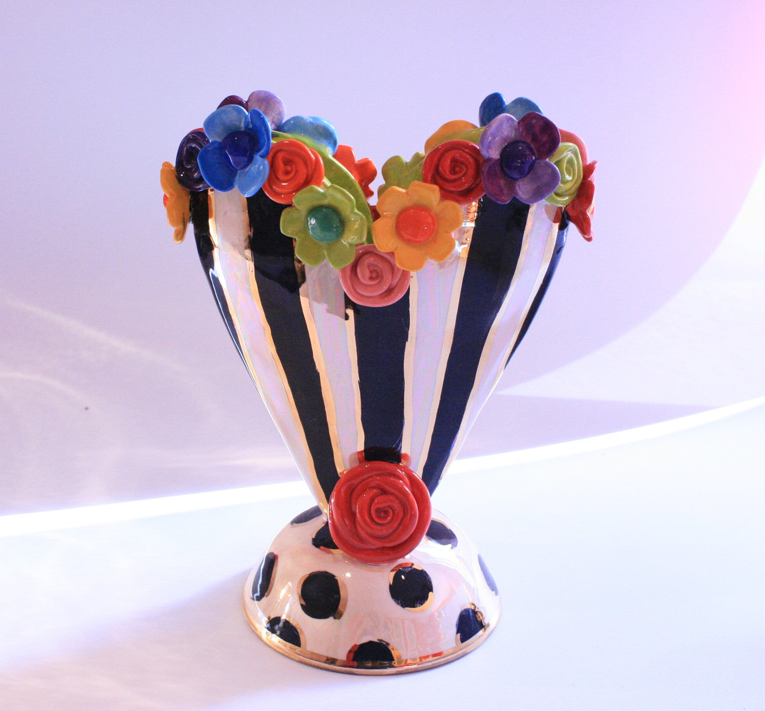 Multi Flower Encrusted Heart Vase Black & White Stripe - MaryRoseYoung