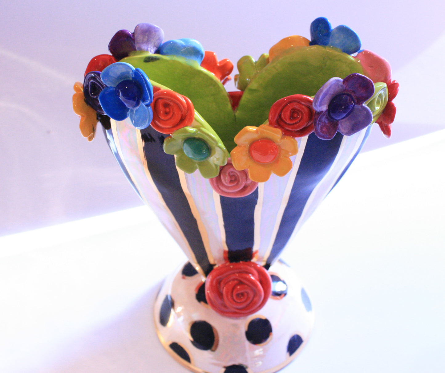 Multi Flower Encrusted Heart Vase Black & White Stripe - MaryRoseYoung