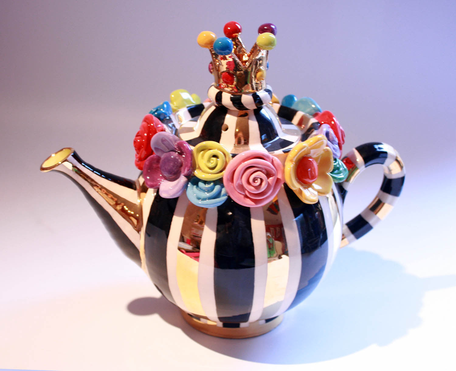 Multiflower Encrusted Crown Lidded Teapot Black and Gold and White Stripes - MaryRoseYoung