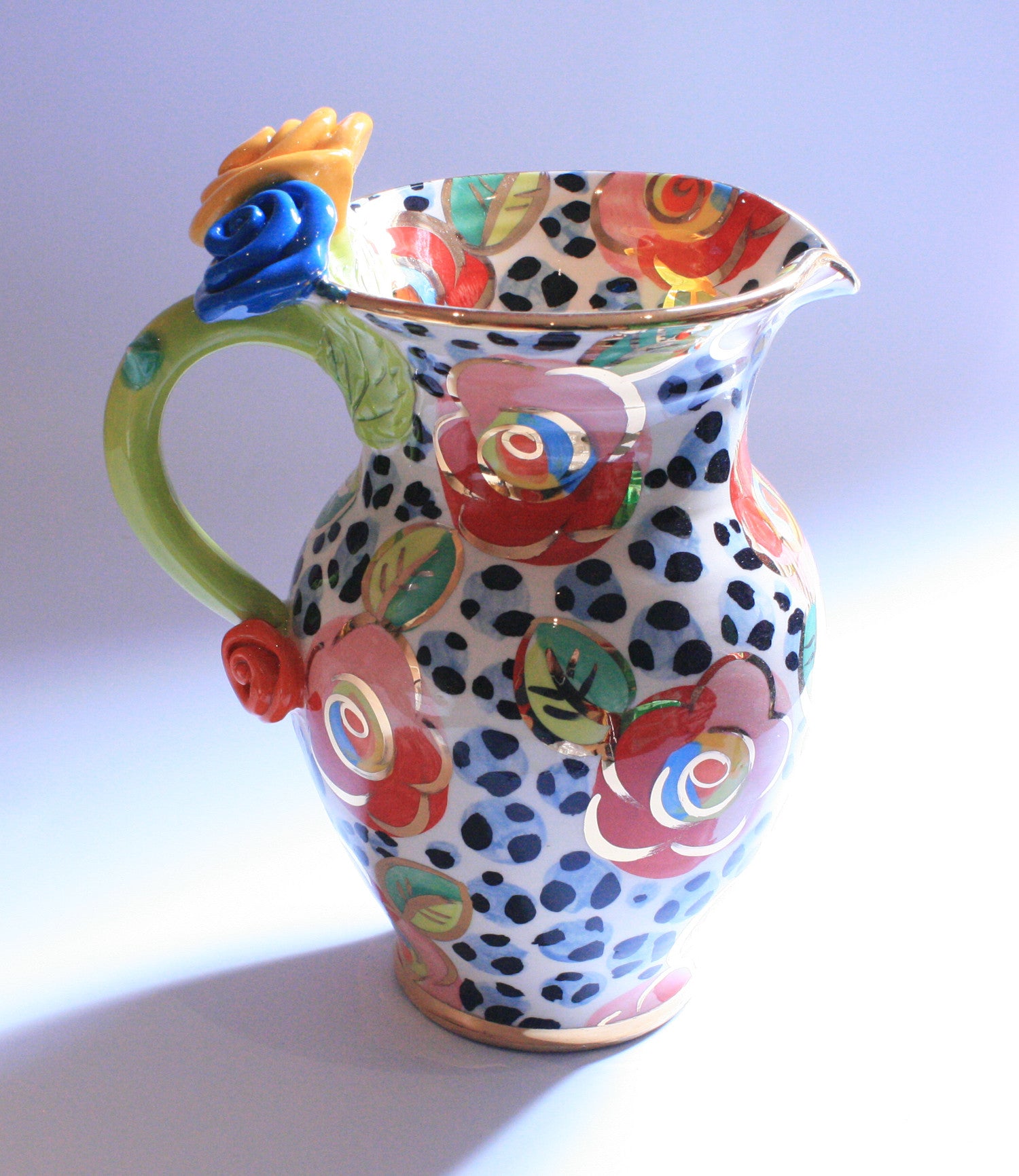 Medium Rose Handled Jug Roses on Snow Leopard - MaryRoseYoung