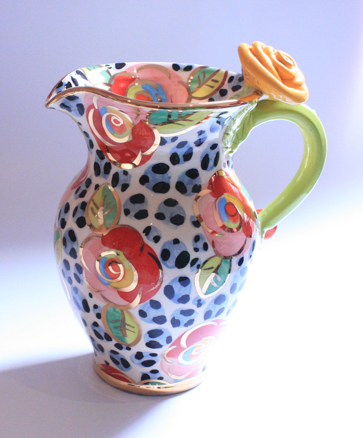 Medium Rose Handled Jug Roses on Snow Leopard - MaryRoseYoung