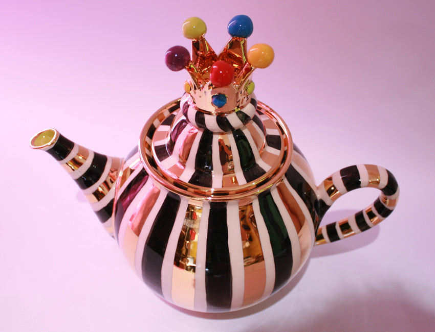 Medium Crown Lidded Teapot Black and White and Gold - MaryRoseYoung