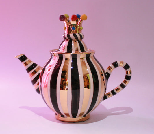 Medium Crown Lidded Teapot Black and White and Gold - MaryRoseYoung