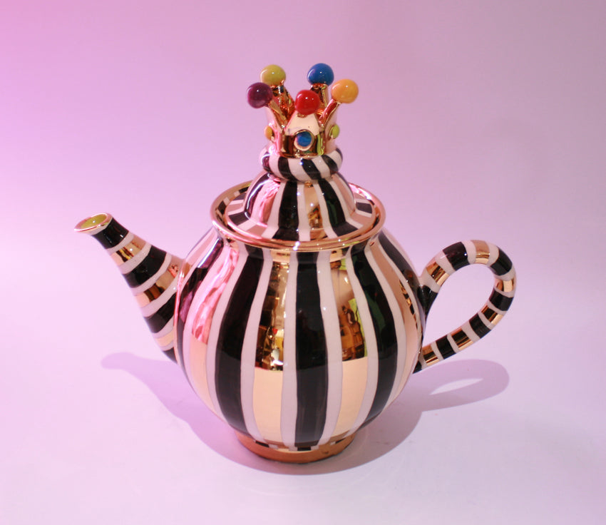 Medium Crown Lidded Teapot Black and White and Gold - MaryRoseYoung