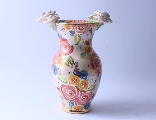 Medium Rose Edged Vase Vintage Floral - MaryRoseYoung