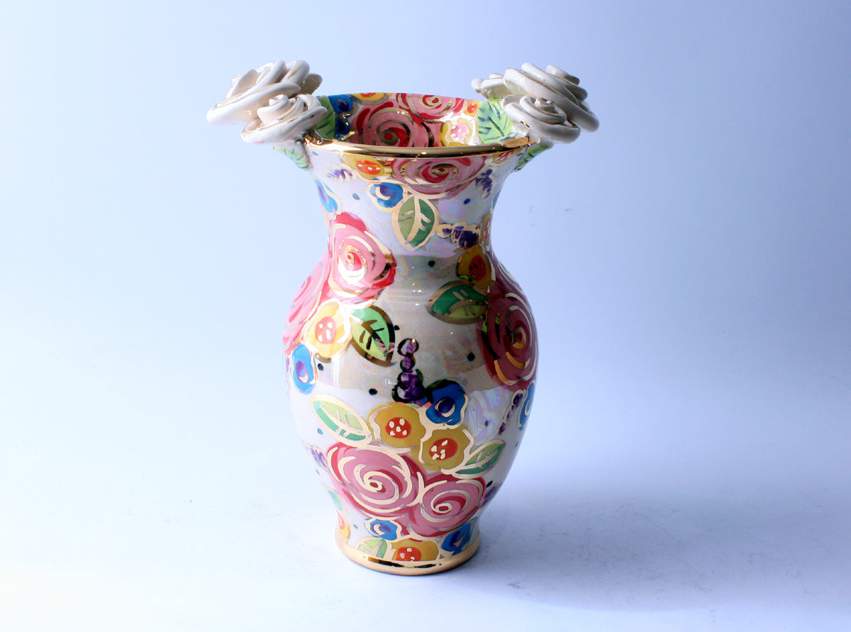 Medium Rose Edged Vase Vintage Floral - MaryRoseYoung
