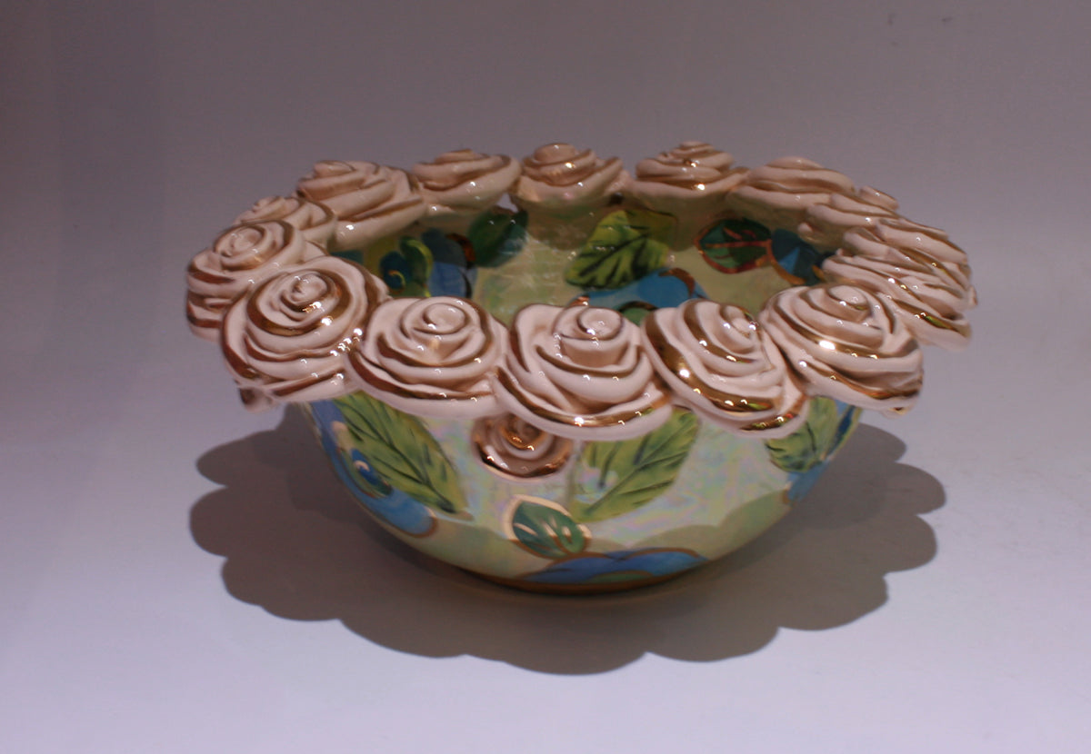 Rose Encrusted Bowl Blue GNR on Mint - MaryRoseYoung
