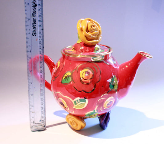 Rose Footed Teapot New Red New Rose - MaryRoseYoung