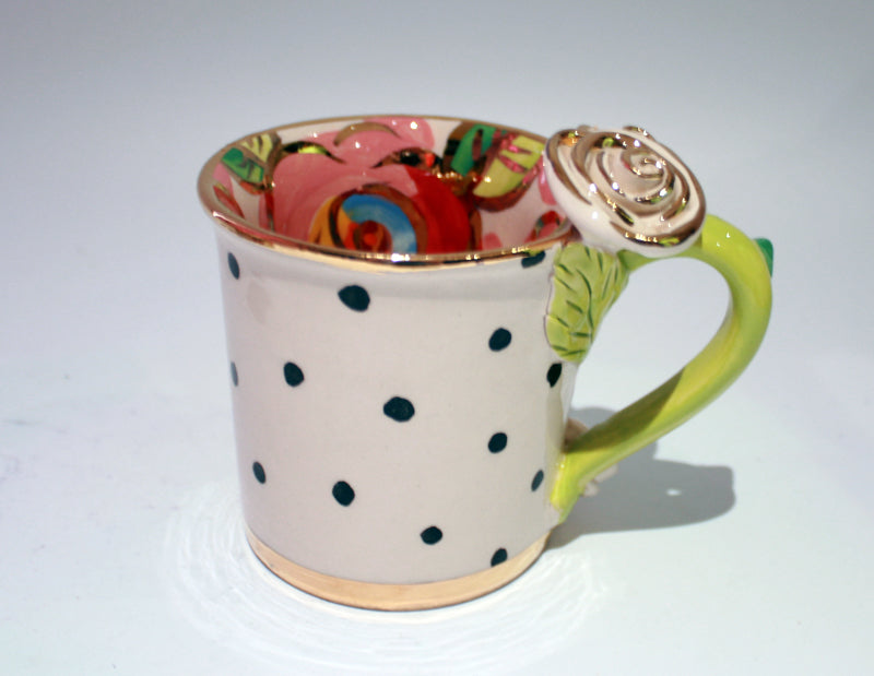 Rose Handled Mug Polka Dots with Red Roses In - MaryRoseYoung