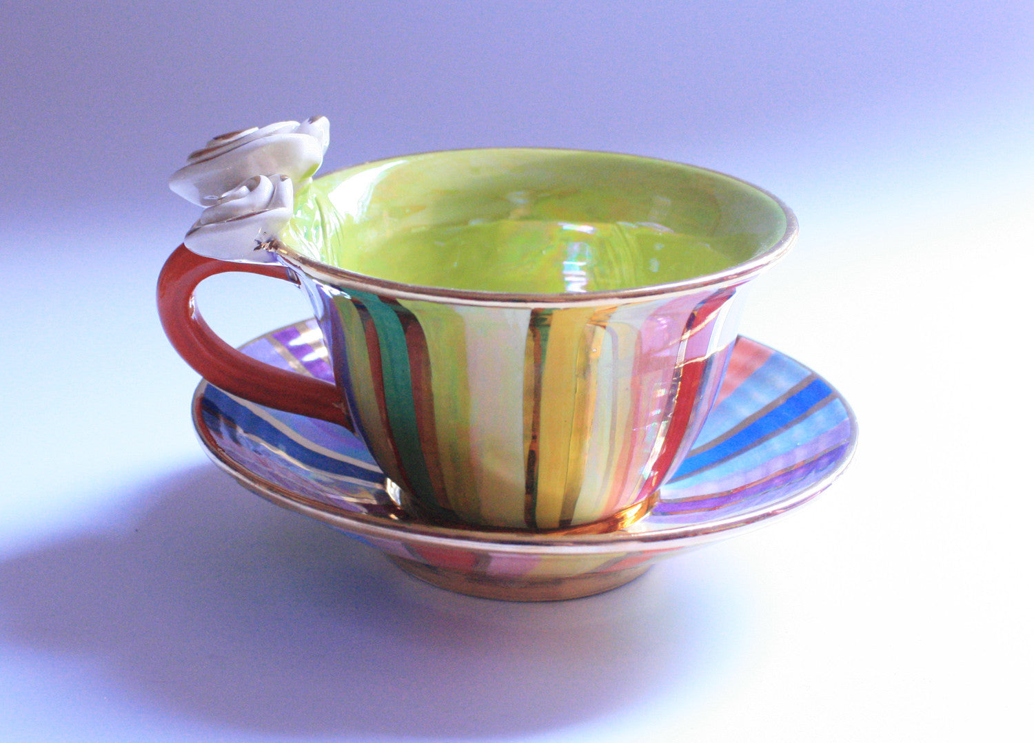 Rose Handled Cup and Saucer Lustred Stripe - MaryRoseYoung