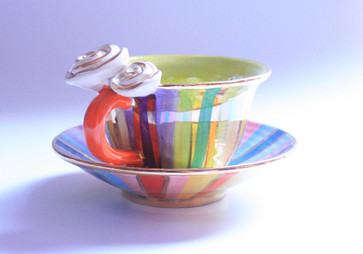 Rose Handled Cup and Saucer Lustred Stripe - MaryRoseYoung