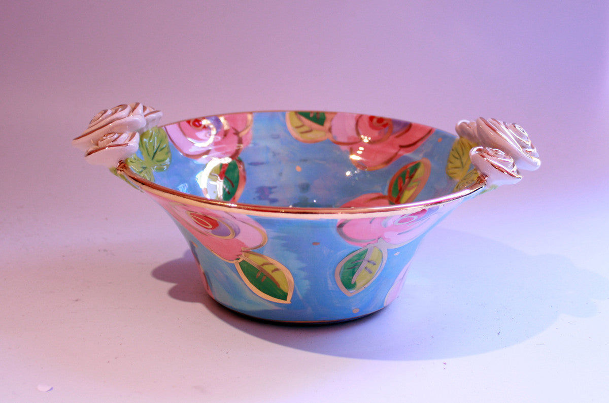 Small Rose Edged Serving Bowl Pink/Blue Roses - MaryRoseYoung