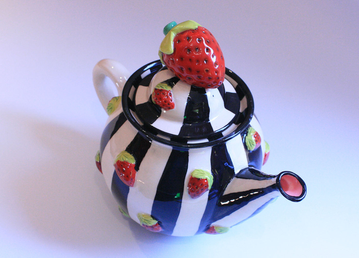 Medium Strawberry Studded Teapot with Black & White Stripes - MaryRoseYoung
