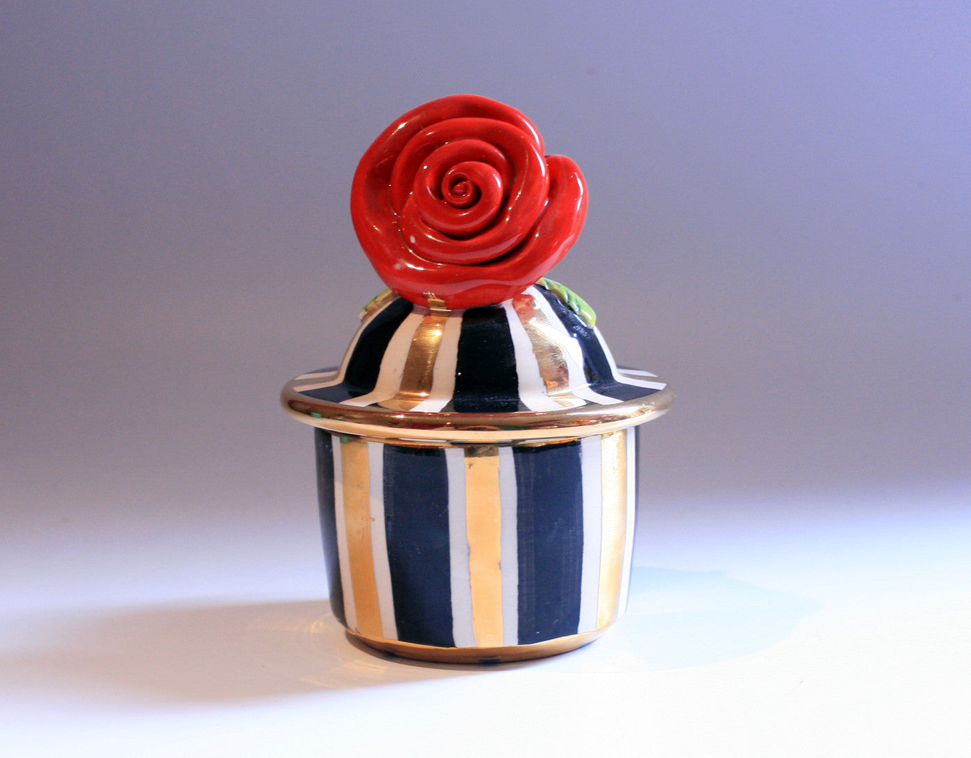 Tiny Rose Lidded Pot "Black and White and Gold" - MaryRoseYoung