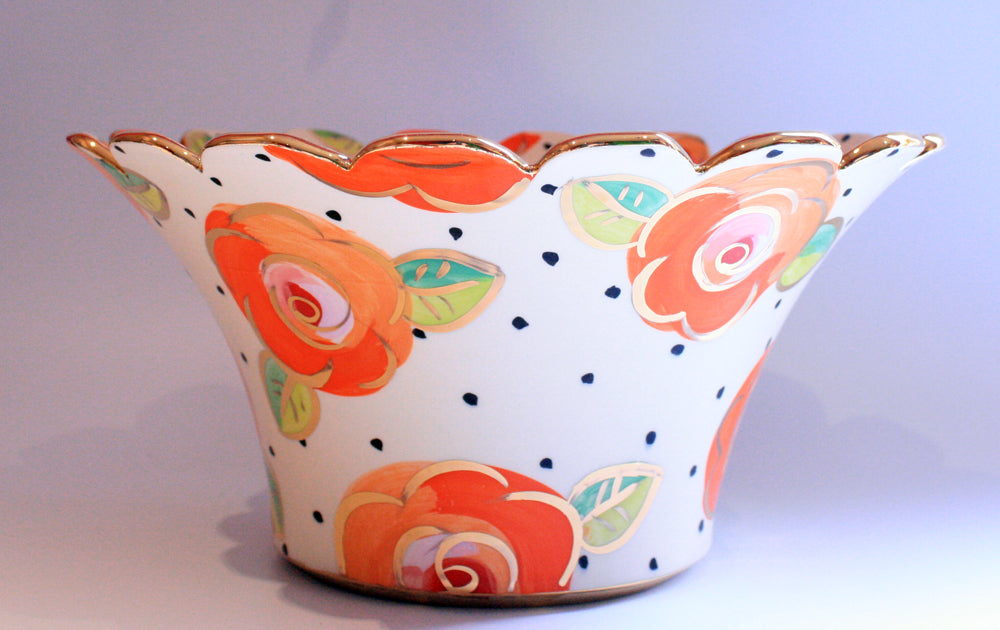 Large Fluted Salad Bowl "Tangerine Roses on Polka Dots" - MaryRoseYoung