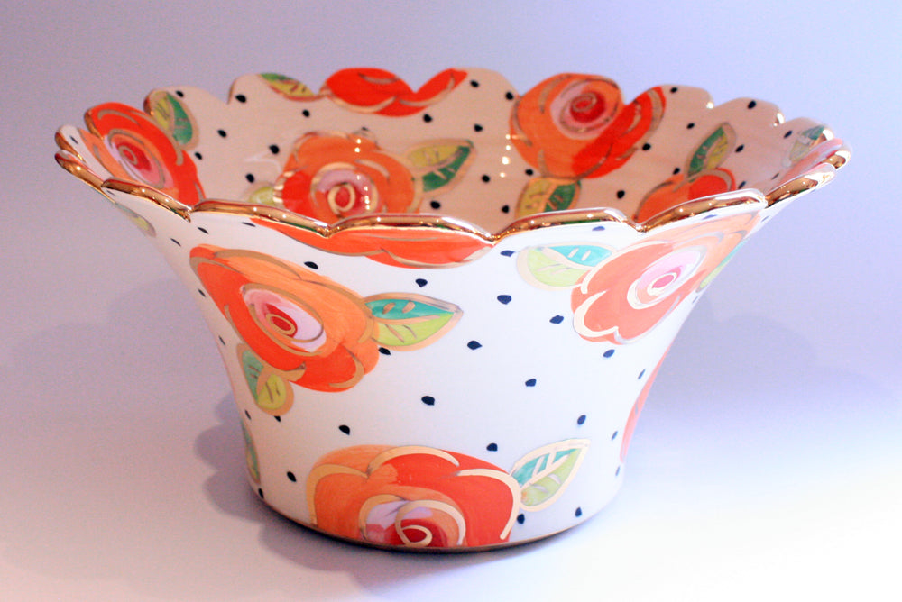 Large Fluted Salad Bowl "Tangerine Roses on Polka Dots" - MaryRoseYoung