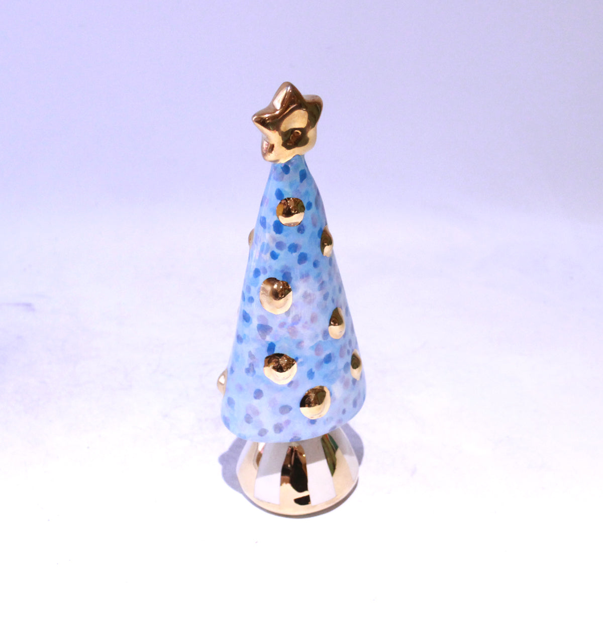 Small Christmas Tree in Blue Confetti with Gold Striped Base