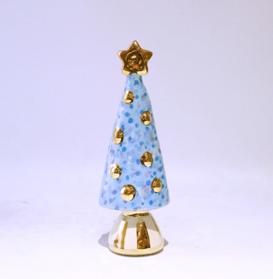 Small Christmas Tree in Blue Confetti with Gold Striped Base