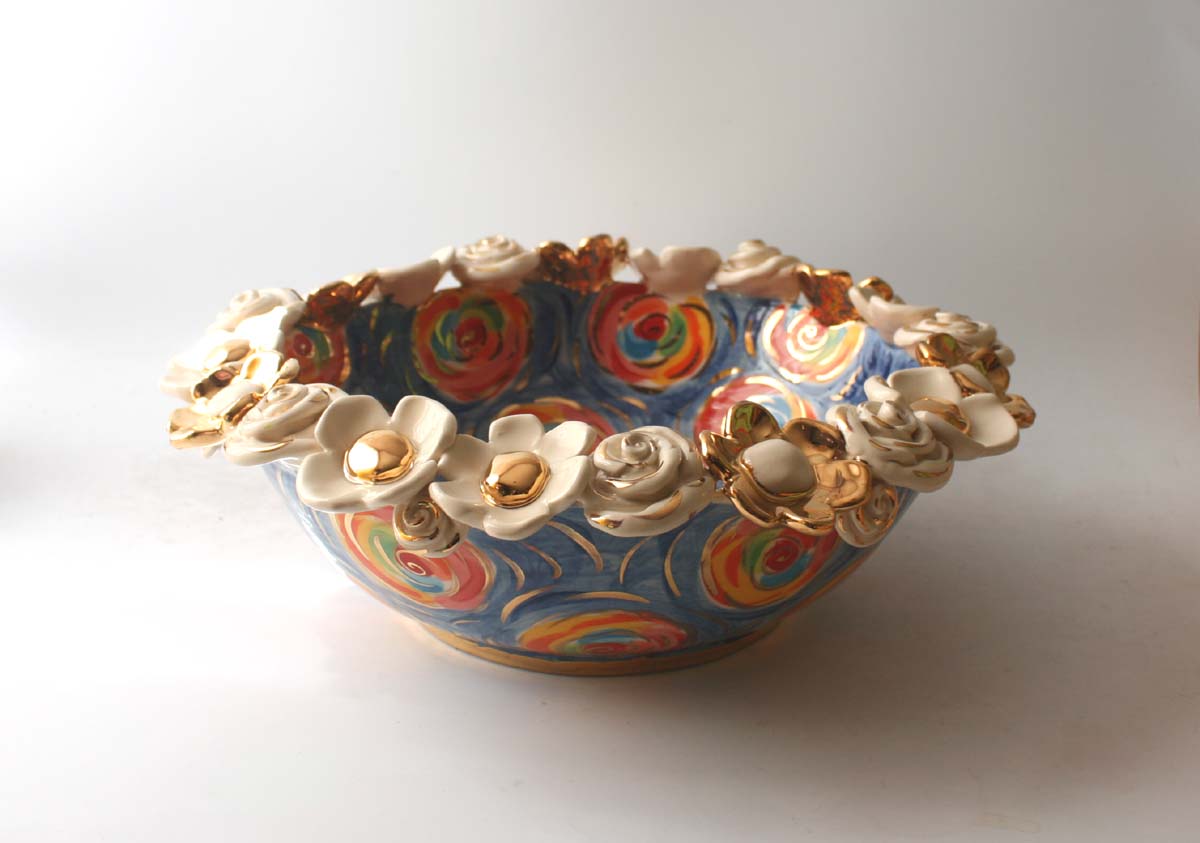 Shallow Multiflower Encrusted Bowl in Swirls