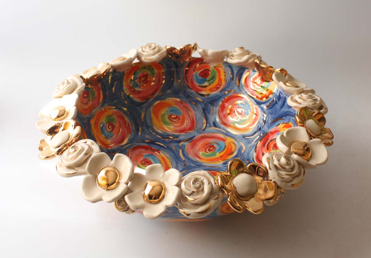 Shallow Multiflower Encrusted Bowl in Swirls