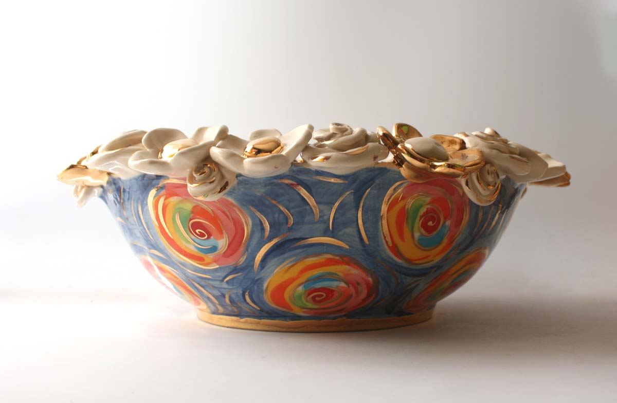 Shallow Multiflower Encrusted Bowl in Swirls