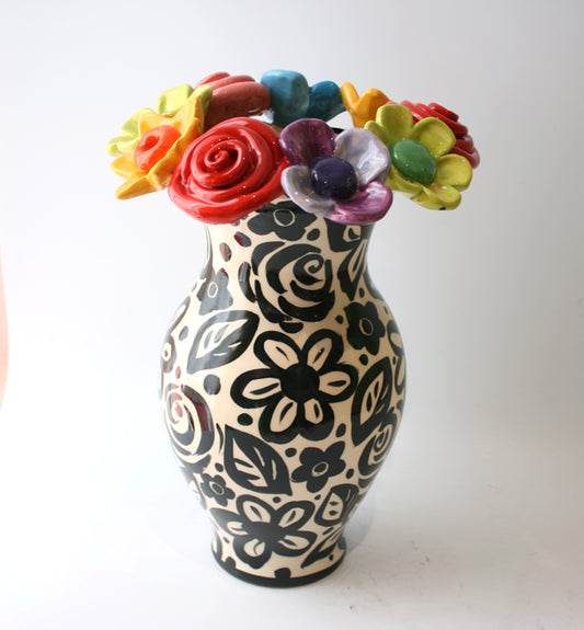 Large Multiflower Encrusted Vase in Black and White Blooms - MaryRoseYoung