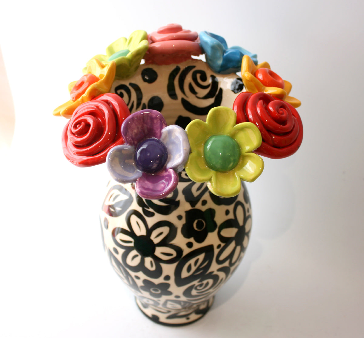 Large Multiflower Encrusted Vase in Black and White Blooms - MaryRoseYoung