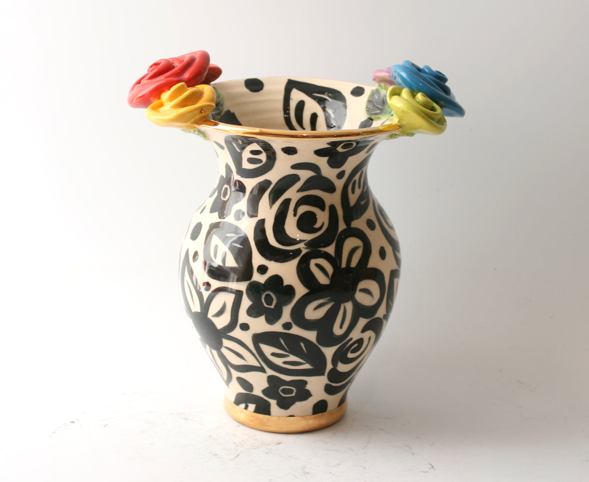Small Fat Vase in Black and White Blooms - MaryRoseYoung