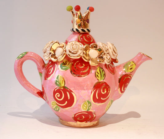 Crown Lidded Multiflower Encrusted Medium Teapot in Rose Red